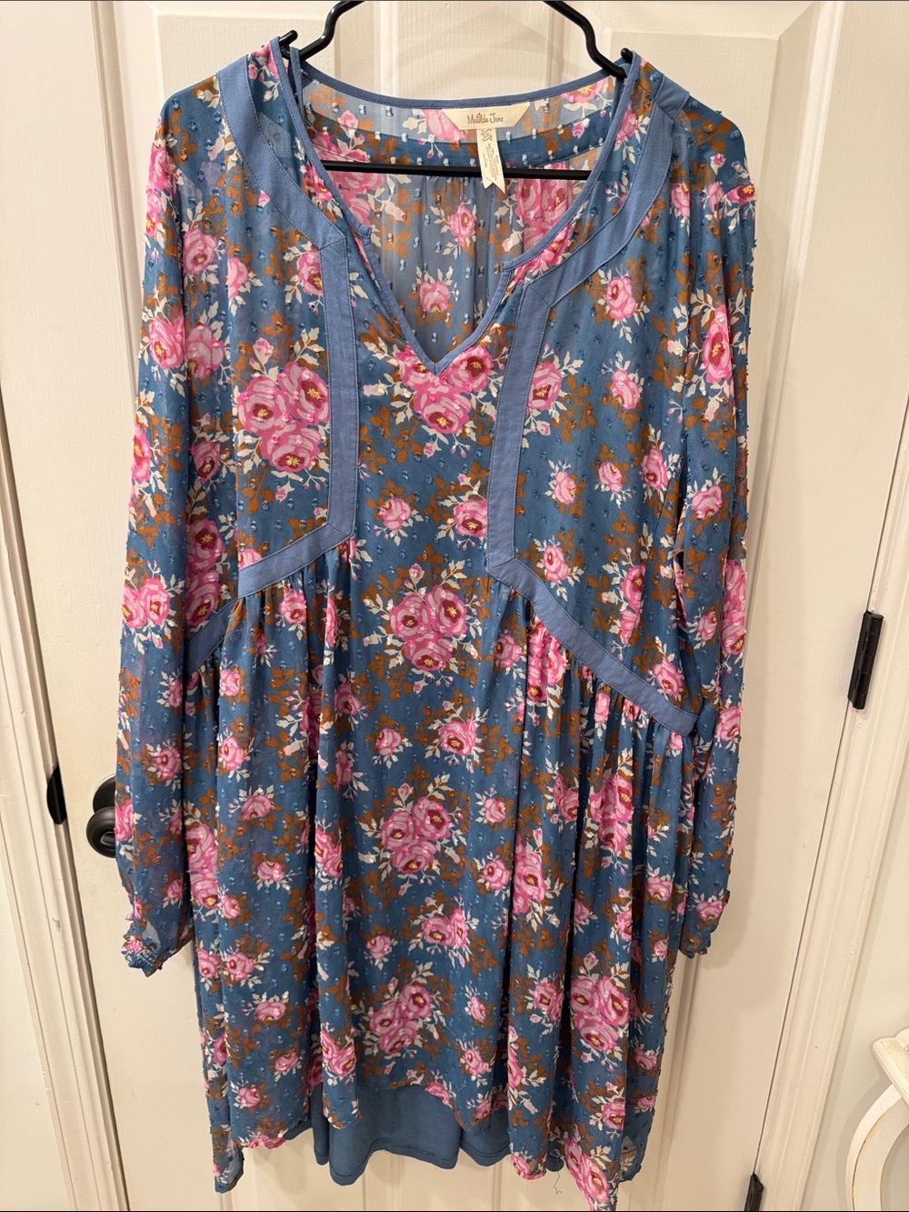 Matilda Jane Blue Floral Babydoll Dress with Pink Roses and Attached Slip
